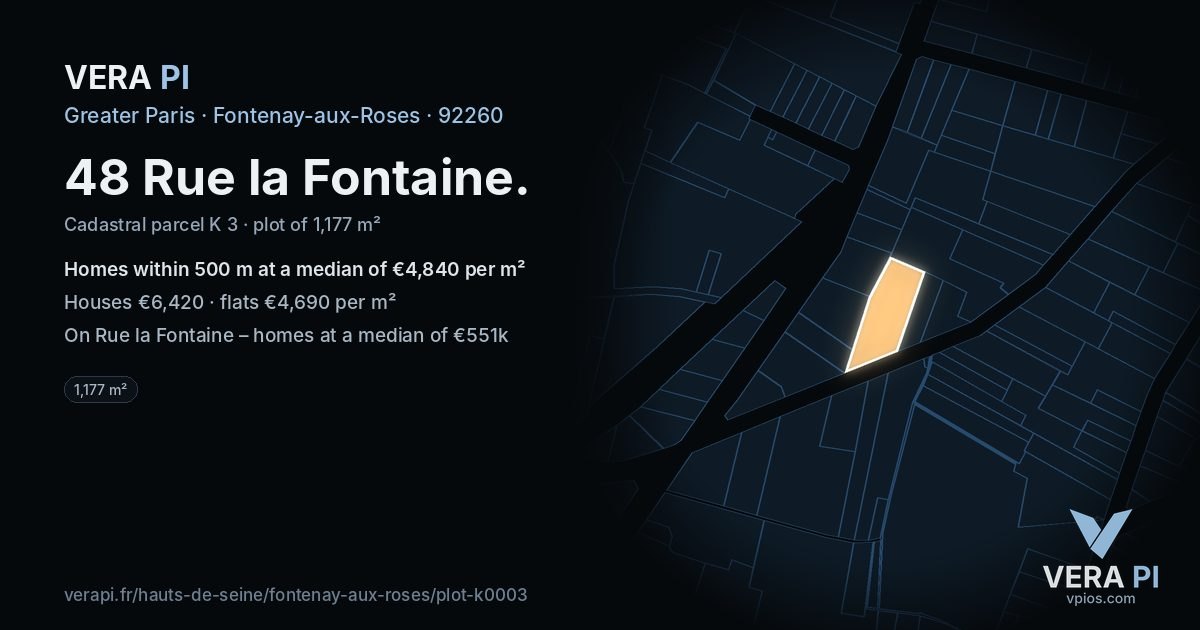 48 Rue la Fontaine, Fontenay-aux-Roses at night – the plot lit, the parcels around coloured by the prices near them
