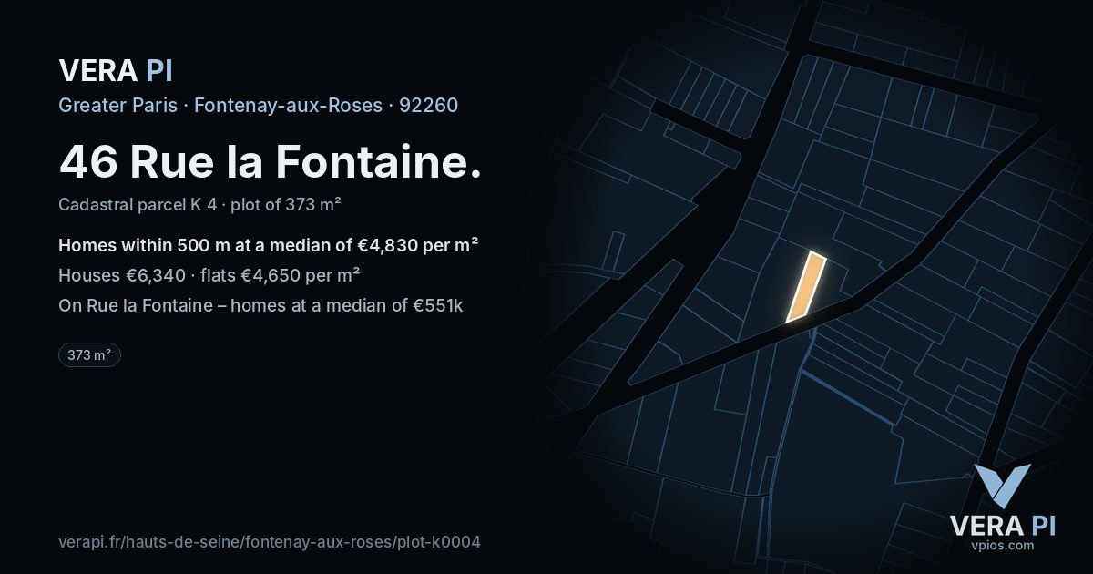 46 Rue la Fontaine, Fontenay-aux-Roses at night – the plot lit, the parcels around coloured by the prices near them