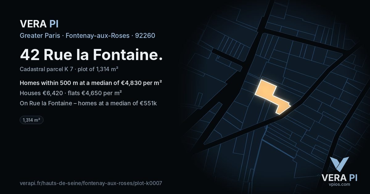 42 Rue la Fontaine, Fontenay-aux-Roses at night – the plot lit, the parcels around coloured by the prices near them