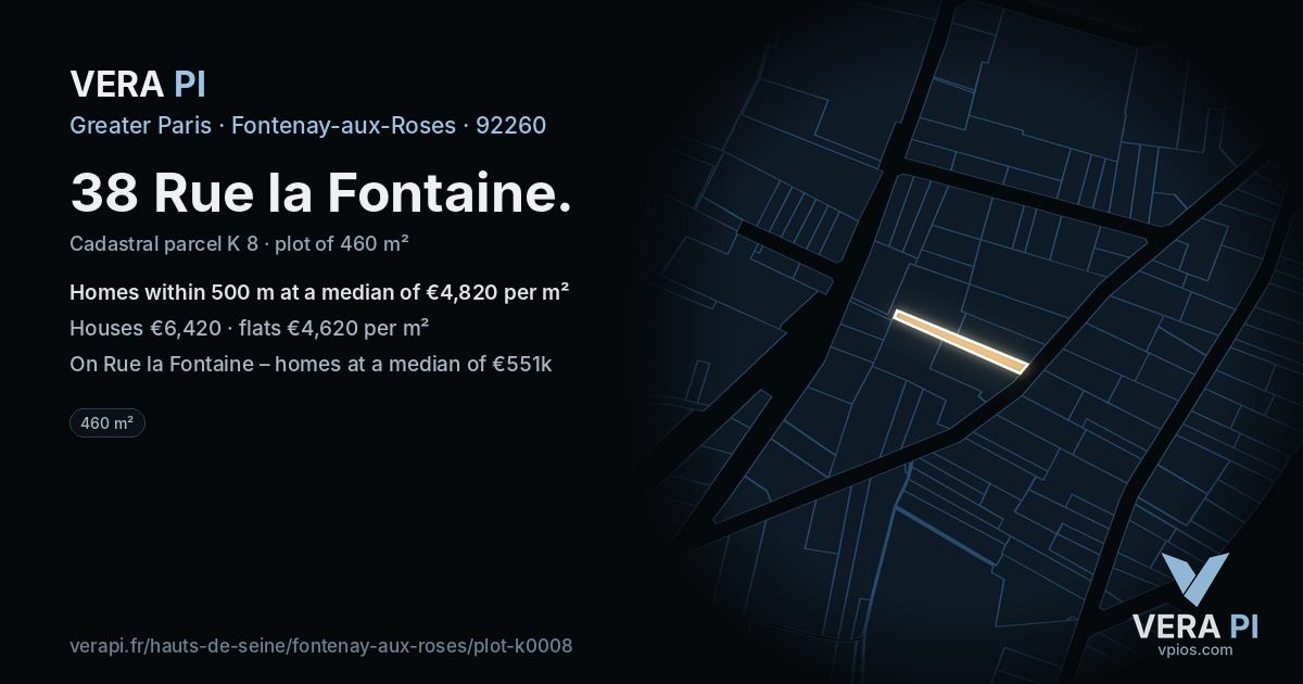 38 Rue la Fontaine, Fontenay-aux-Roses at night – the plot lit, the parcels around coloured by the prices near them