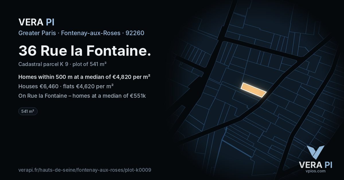 36 Rue la Fontaine, Fontenay-aux-Roses at night – the plot lit, the parcels around coloured by the prices near them