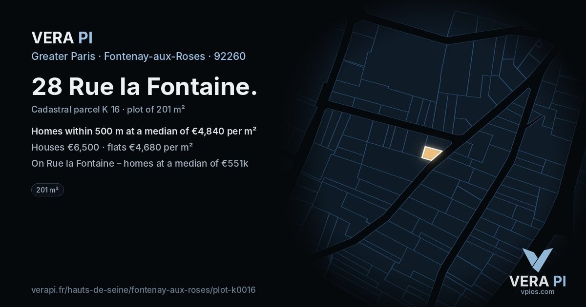 28 Rue la Fontaine, Fontenay-aux-Roses at night – the plot lit, the parcels around coloured by the prices near them