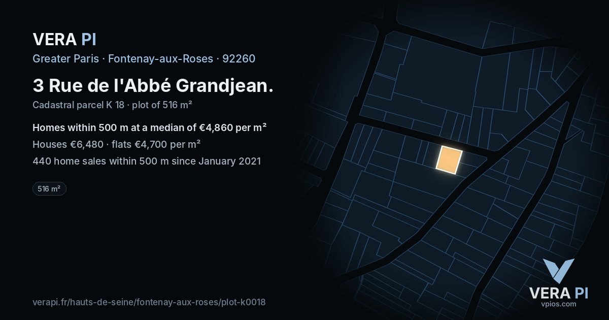 3 Rue de l'Abbé Grandjean, Fontenay-aux-Roses at night – the plot lit, the parcels around coloured by the prices near them