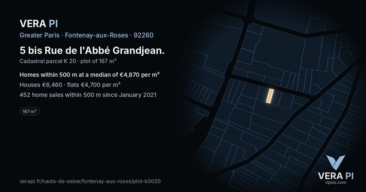 5 bis Rue de l'Abbé Grandjean, Fontenay-aux-Roses at night – the plot lit, the parcels around coloured by the prices near them
