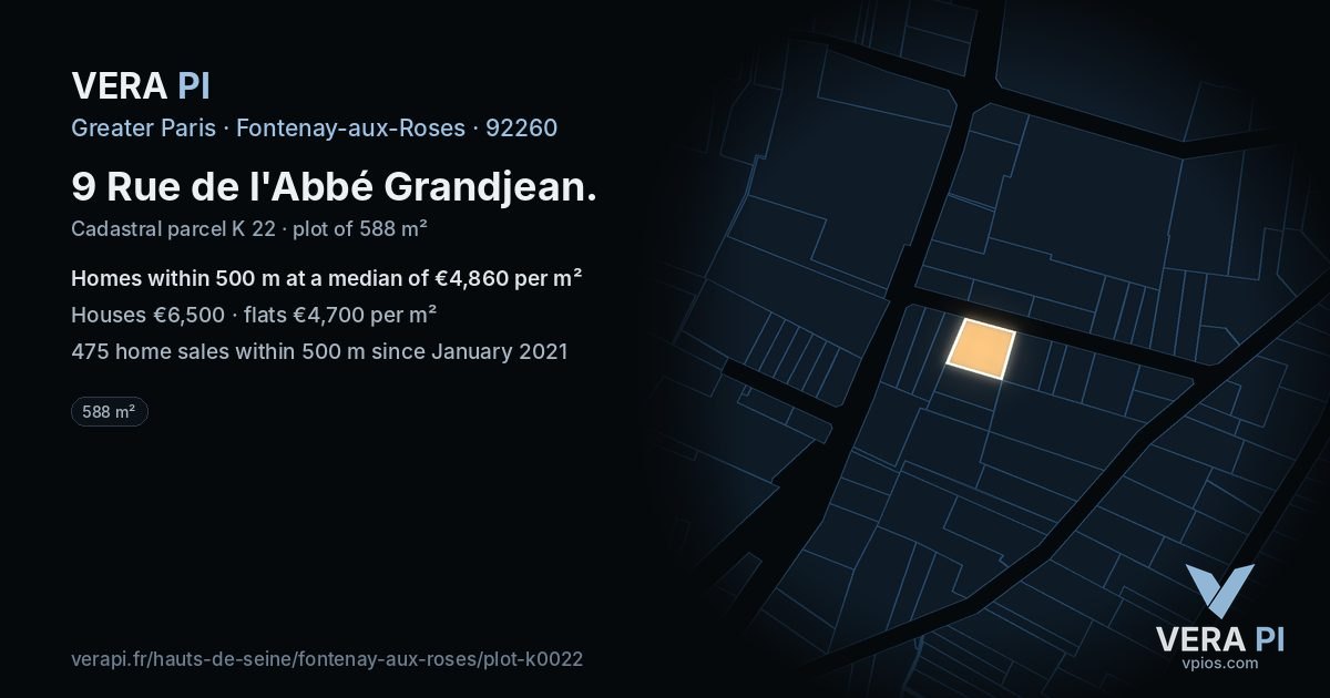 9 Rue de l'Abbé Grandjean, Fontenay-aux-Roses at night – the plot lit, the parcels around coloured by the prices near them
