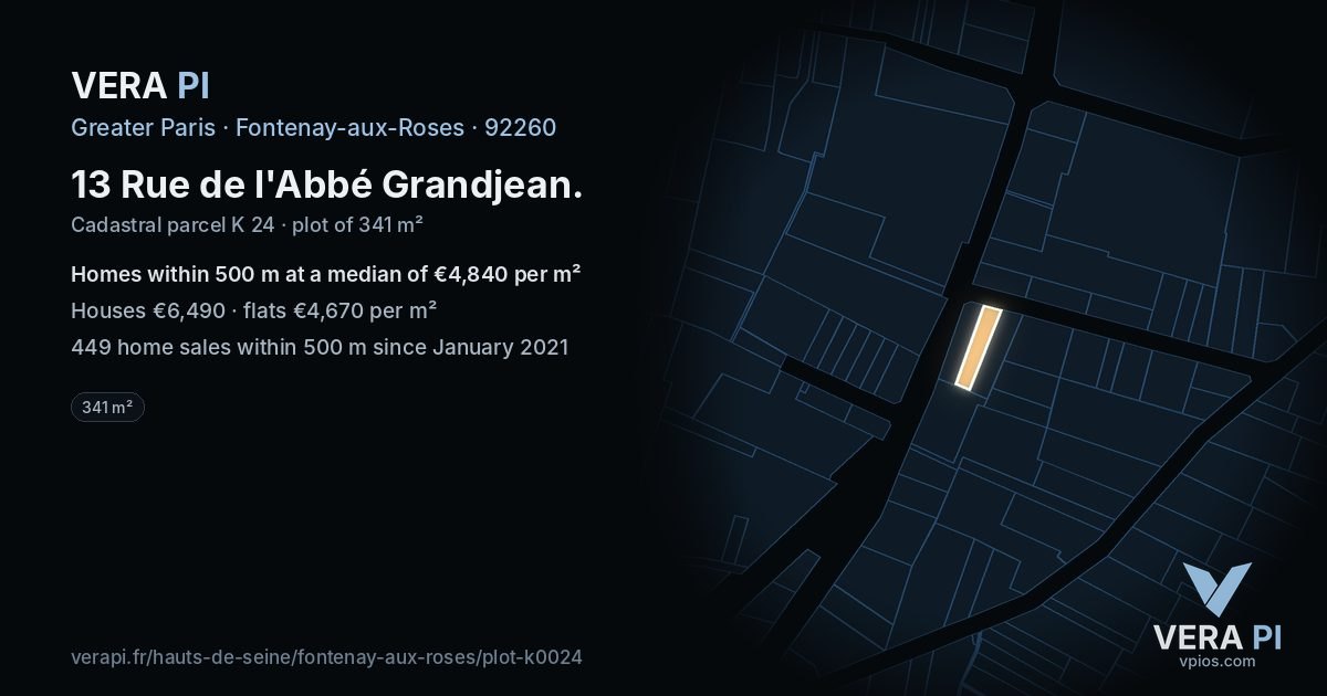 13 Rue de l'Abbé Grandjean, Fontenay-aux-Roses at night – the plot lit, the parcels around coloured by the prices near them