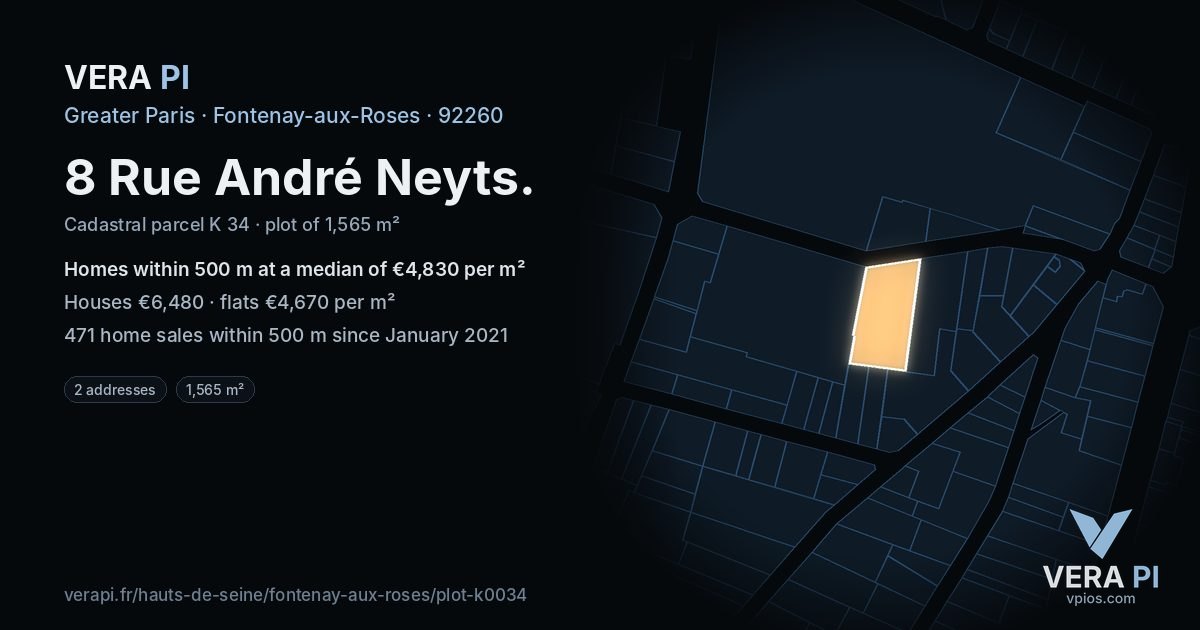 8 Rue André Neyts, Fontenay-aux-Roses at night – the plot lit, the parcels around coloured by the prices near them