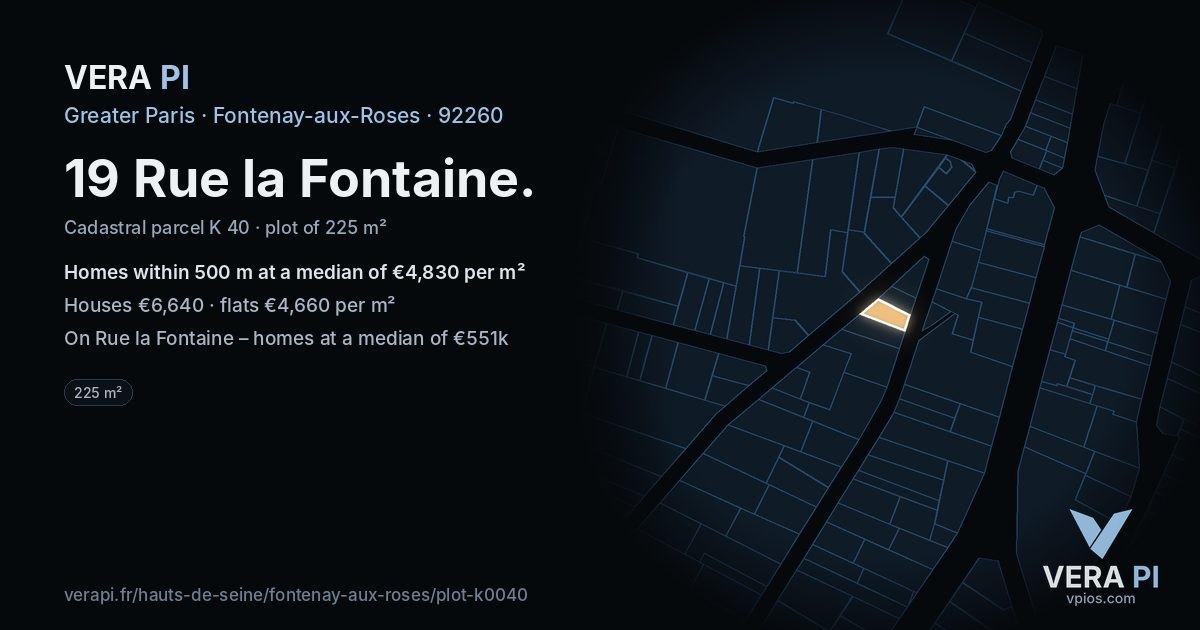 19 Rue la Fontaine, Fontenay-aux-Roses at night – the plot lit, the parcels around coloured by the prices near them