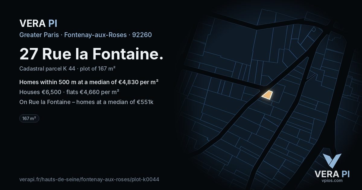 27 Rue la Fontaine, Fontenay-aux-Roses at night – the plot lit, the parcels around coloured by the prices near them