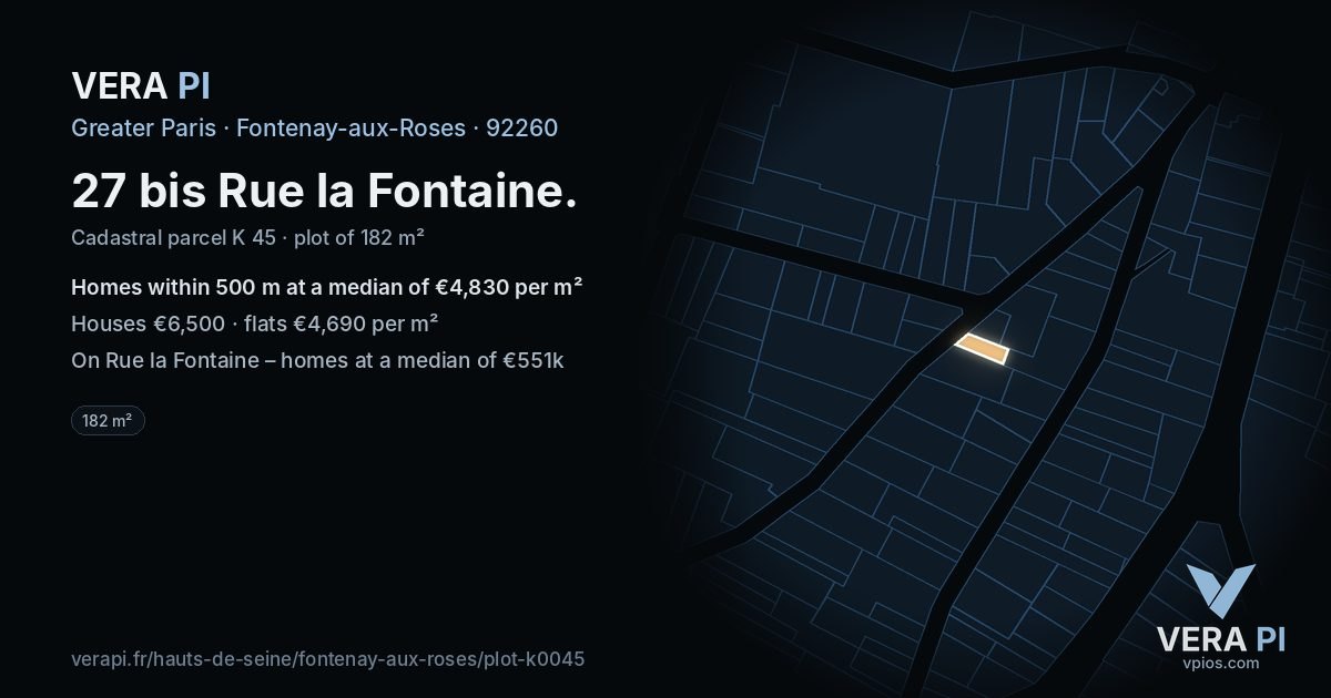 27 bis Rue la Fontaine, Fontenay-aux-Roses at night – the plot lit, the parcels around coloured by the prices near them