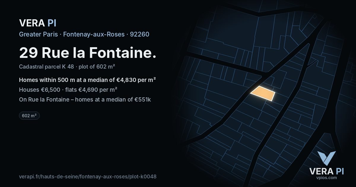 29 Rue la Fontaine, Fontenay-aux-Roses at night – the plot lit, the parcels around coloured by the prices near them
