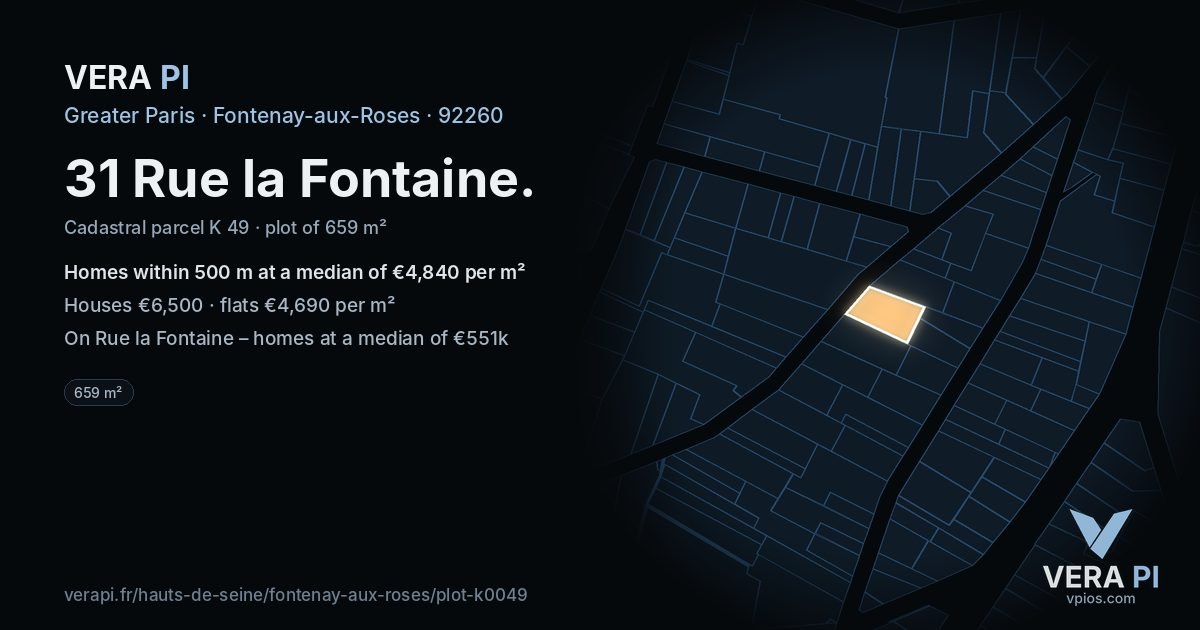 31 Rue la Fontaine, Fontenay-aux-Roses at night – the plot lit, the parcels around coloured by the prices near them