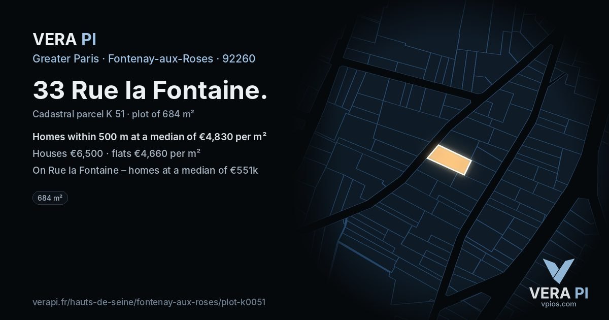 33 Rue la Fontaine, Fontenay-aux-Roses at night – the plot lit, the parcels around coloured by the prices near them