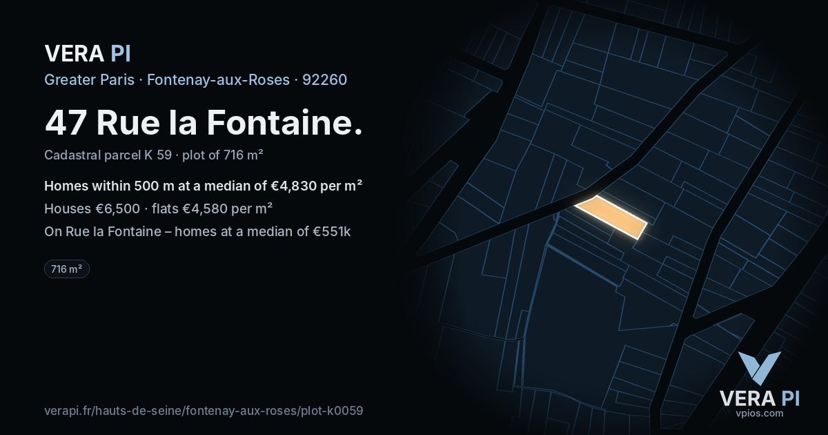 47 Rue la Fontaine, Fontenay-aux-Roses at night – the plot lit, the parcels around coloured by the prices near them