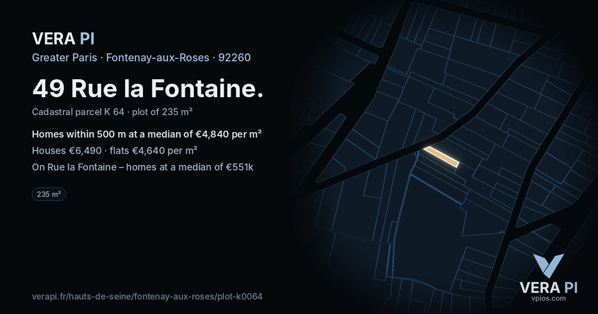 49 Rue la Fontaine, Fontenay-aux-Roses at night – the plot lit, the parcels around coloured by the prices near them