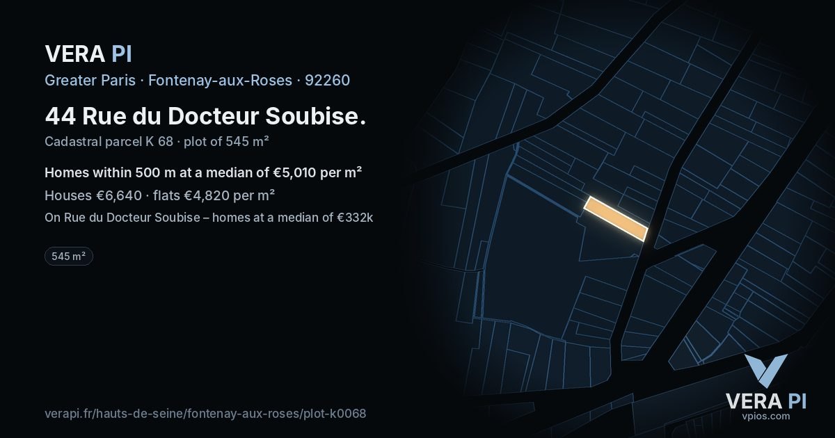 44 Rue du Docteur Soubise, Fontenay-aux-Roses at night – the plot lit, the parcels around coloured by the prices near them