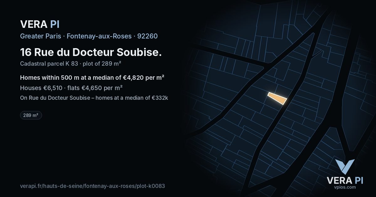 16 Rue du Docteur Soubise, Fontenay-aux-Roses at night – the plot lit, the parcels around coloured by the prices near them