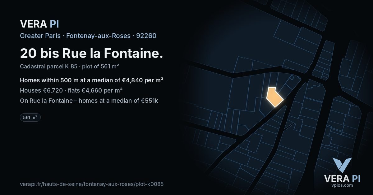 20 bis Rue la Fontaine, Fontenay-aux-Roses at night – the plot lit, the parcels around coloured by the prices near them
