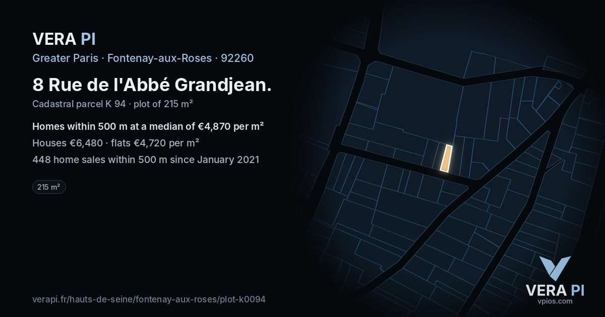 8 Rue de l'Abbé Grandjean, Fontenay-aux-Roses at night – the plot lit, the parcels around coloured by the prices near them