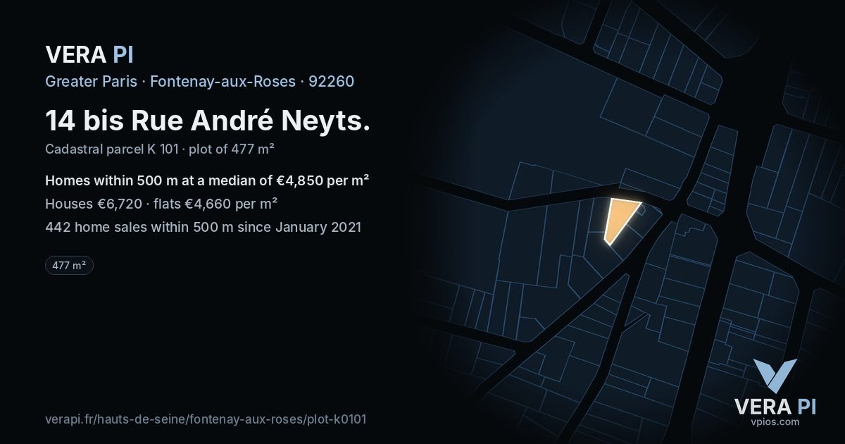 14 bis Rue André Neyts, Fontenay-aux-Roses at night – the plot lit, the parcels around coloured by the prices near them