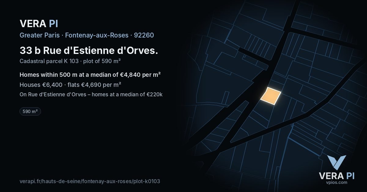33 b Rue d'Estienne d'Orves, Fontenay-aux-Roses at night – the plot lit, the parcels around coloured by the prices near them