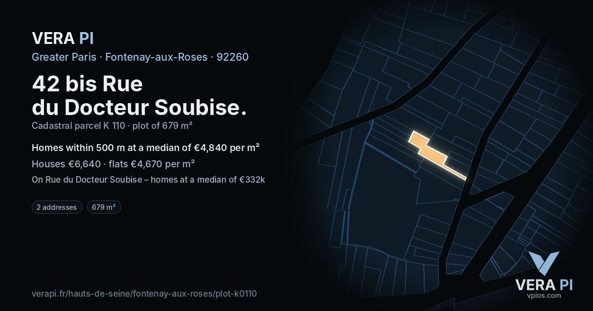 42 bis Rue du Docteur Soubise, Fontenay-aux-Roses at night – the plot lit, the parcels around coloured by the prices near them