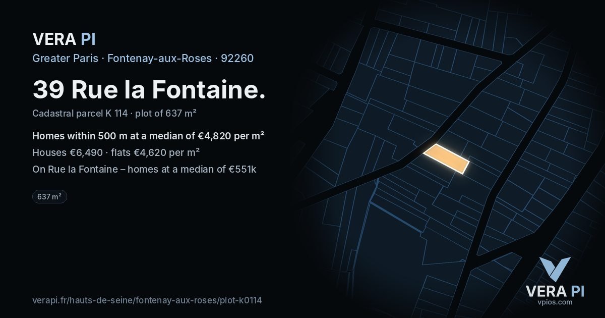 39 Rue la Fontaine, Fontenay-aux-Roses at night – the plot lit, the parcels around coloured by the prices near them