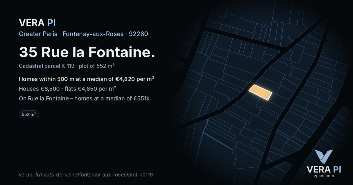 35 Rue la Fontaine, Fontenay-aux-Roses at night – the plot lit, the parcels around coloured by the prices near them