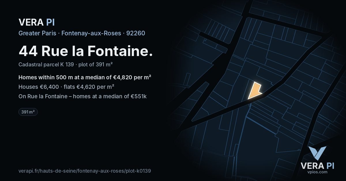 44 Rue la Fontaine, Fontenay-aux-Roses at night – the plot lit, the parcels around coloured by the prices near them