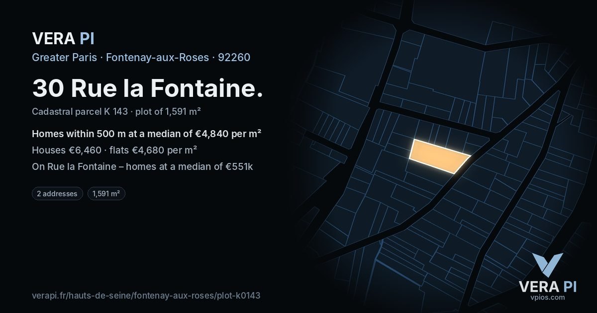 30 Rue la Fontaine, Fontenay-aux-Roses at night – the plot lit, the parcels around coloured by the prices near them