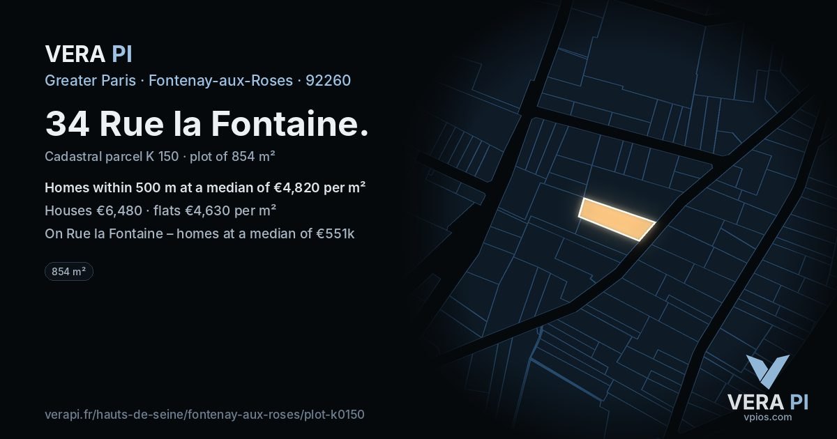 34 Rue la Fontaine, Fontenay-aux-Roses at night – the plot lit, the parcels around coloured by the prices near them
