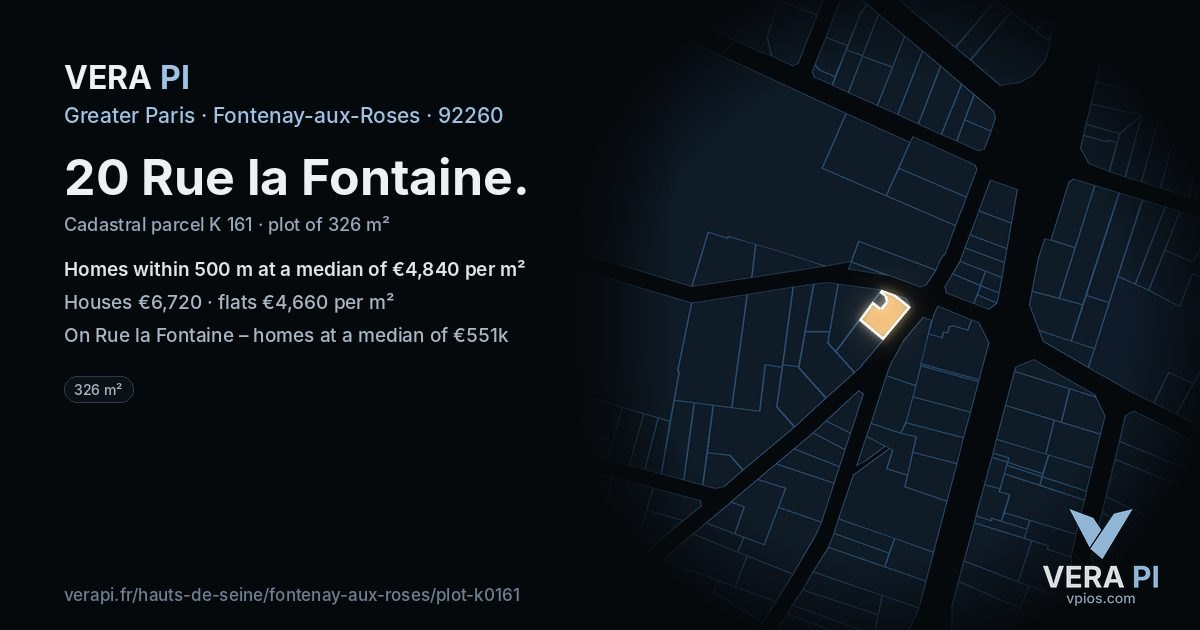 20 Rue la Fontaine, Fontenay-aux-Roses at night – the plot lit, the parcels around coloured by the prices near them