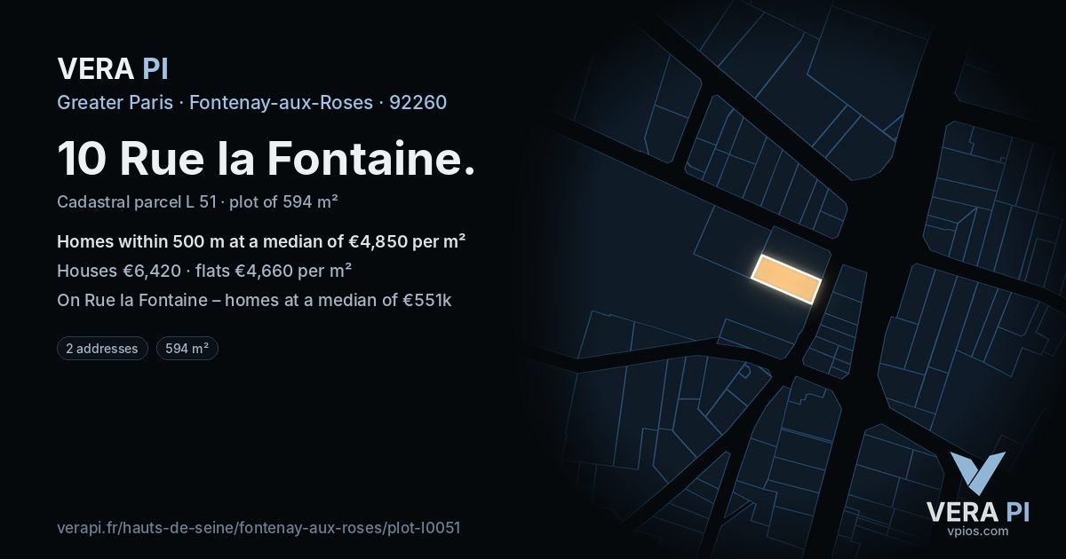 10 Rue la Fontaine, Fontenay-aux-Roses at night – the plot lit, the parcels around coloured by the prices near them