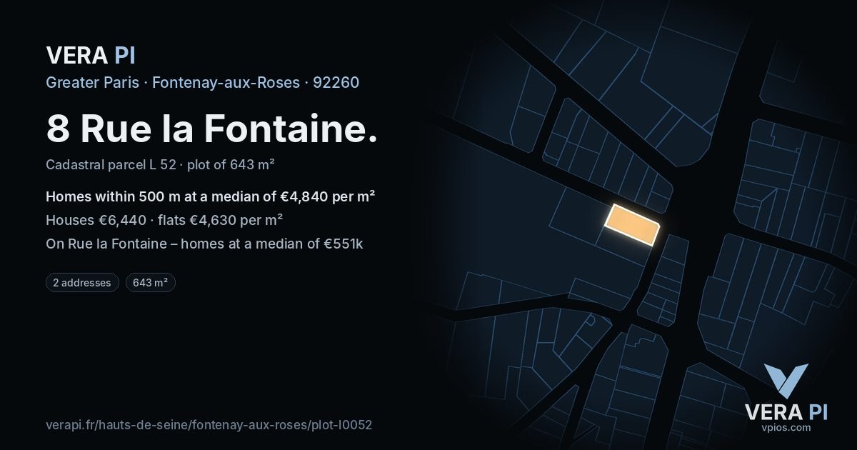 8 Rue la Fontaine, Fontenay-aux-Roses at night – the plot lit, the parcels around coloured by the prices near them