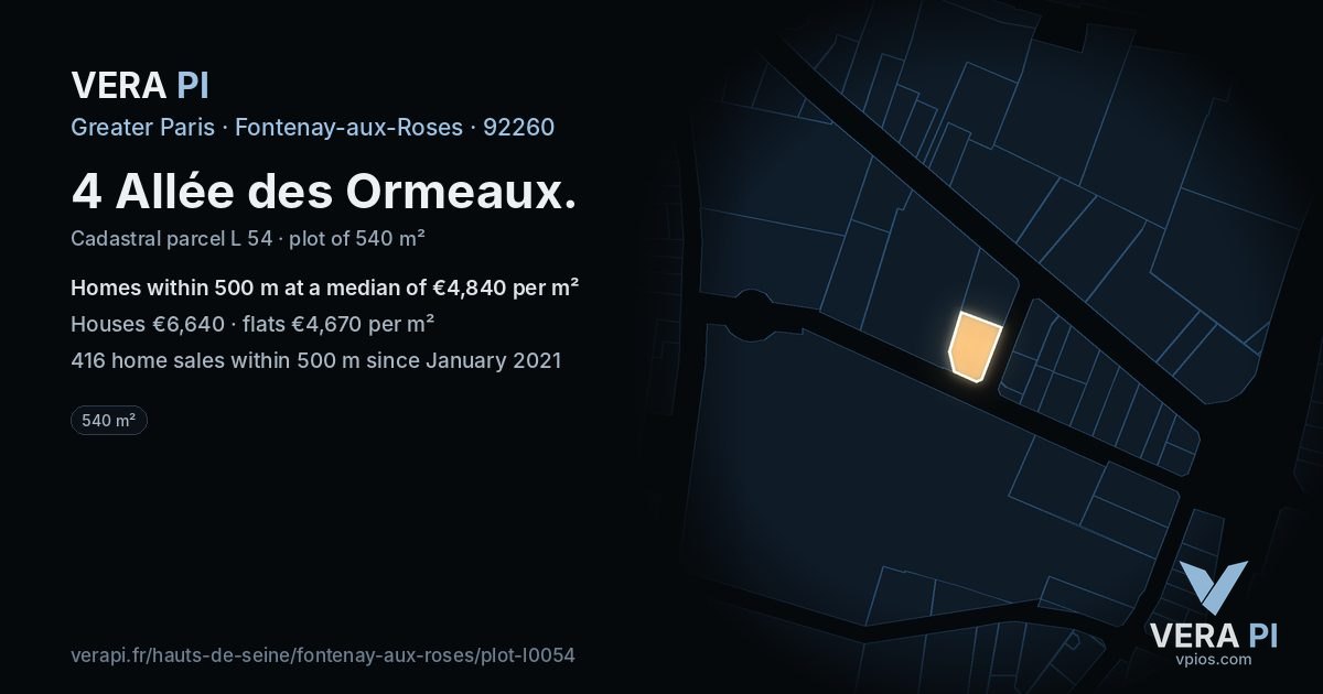 4 Allée des Ormeaux, Fontenay-aux-Roses at night – the plot lit, the parcels around coloured by the prices near them