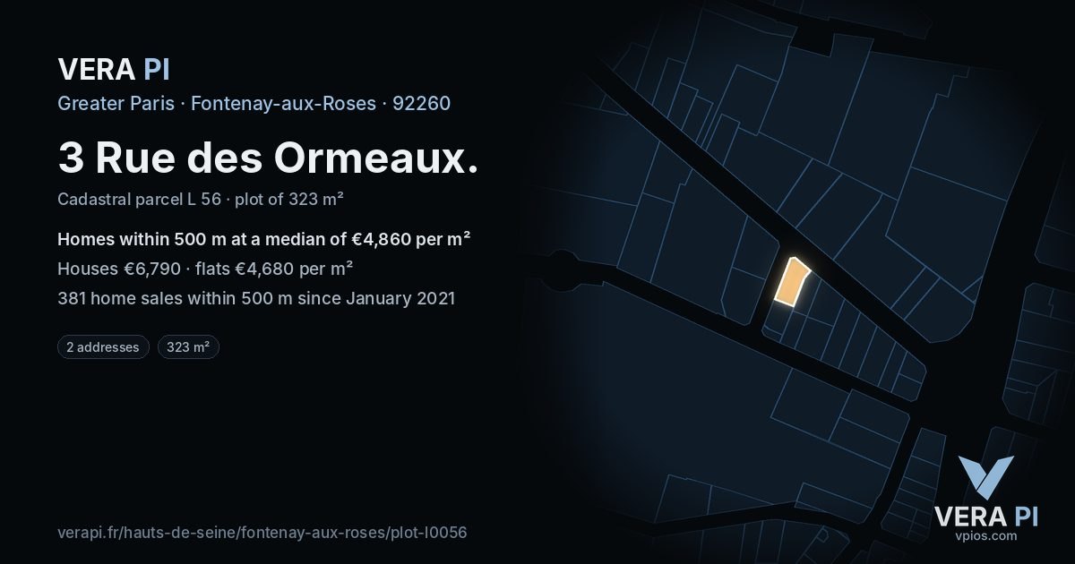 3 Rue des Ormeaux, Fontenay-aux-Roses at night – the plot lit, the parcels around coloured by the prices near them