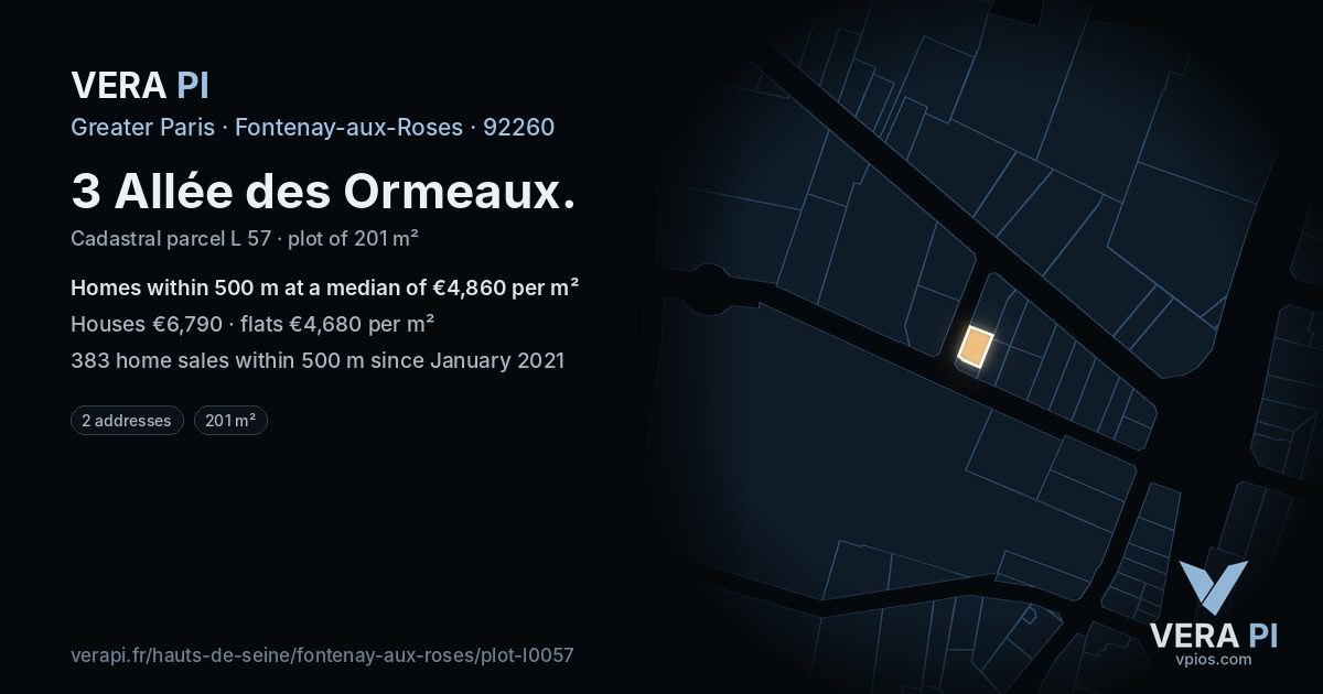 3 Allée des Ormeaux, Fontenay-aux-Roses at night – the plot lit, the parcels around coloured by the prices near them