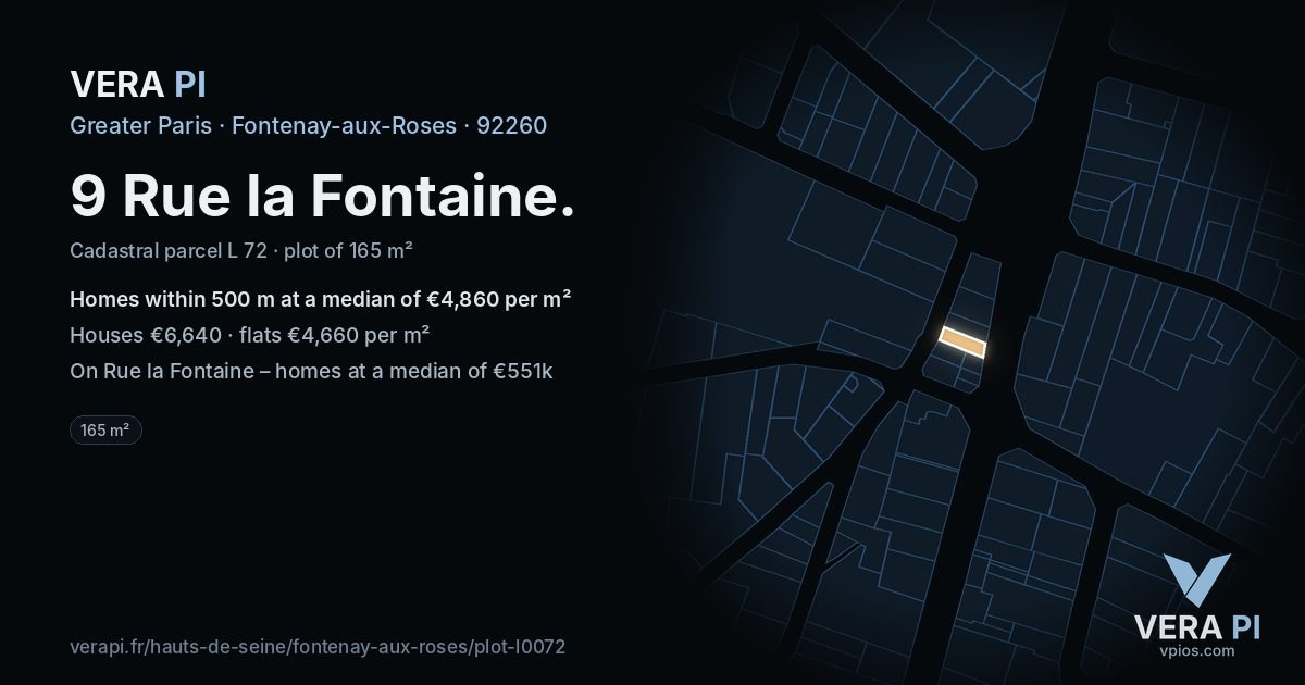 9 Rue la Fontaine, Fontenay-aux-Roses at night – the plot lit, the parcels around coloured by the prices near them