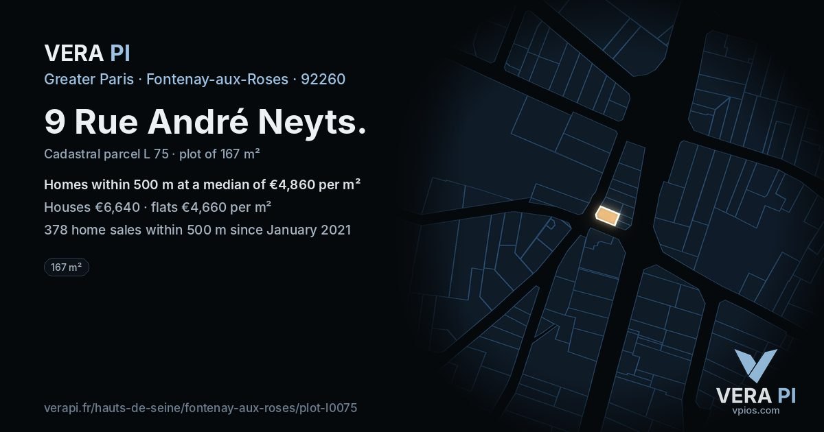 9 Rue André Neyts, Fontenay-aux-Roses at night – the plot lit, the parcels around coloured by the prices near them