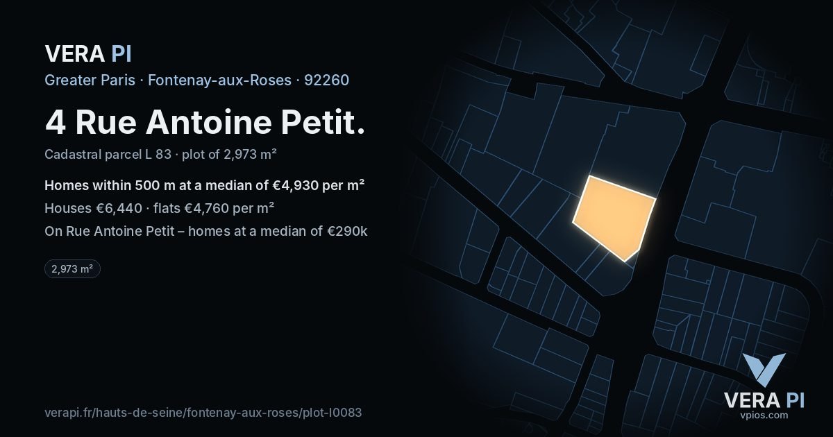 4 Rue Antoine Petit, Fontenay-aux-Roses at night – the plot lit, the parcels around coloured by the prices near them