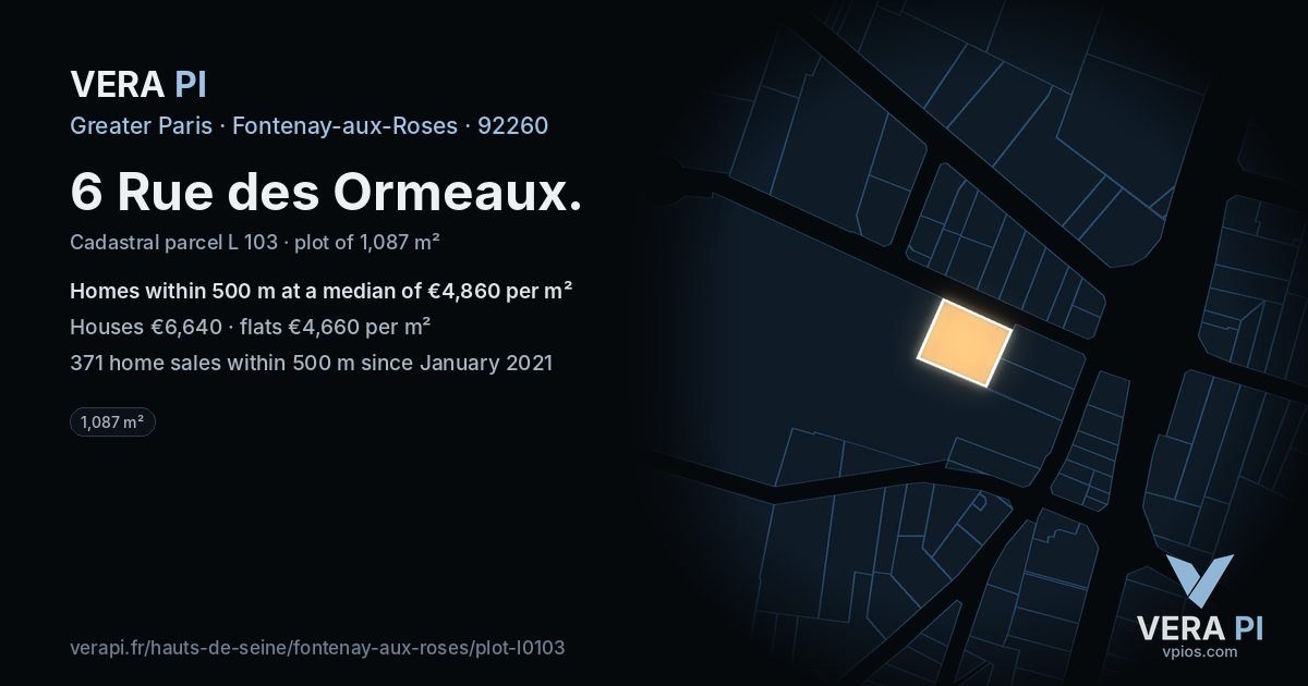 6 Rue des Ormeaux, Fontenay-aux-Roses at night – the plot lit, the parcels around coloured by the prices near them