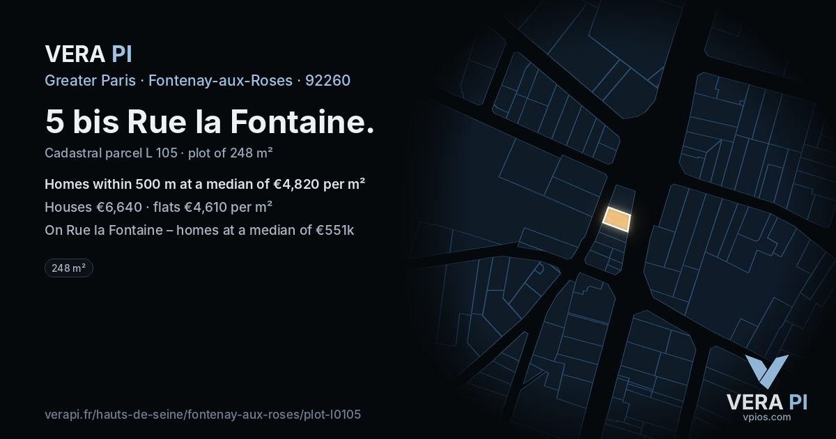 5 bis Rue la Fontaine, Fontenay-aux-Roses at night – the plot lit, the parcels around coloured by the prices near them