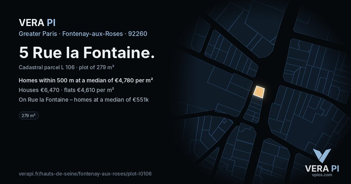 5 Rue la Fontaine, Fontenay-aux-Roses at night – the plot lit, the parcels around coloured by the prices near them