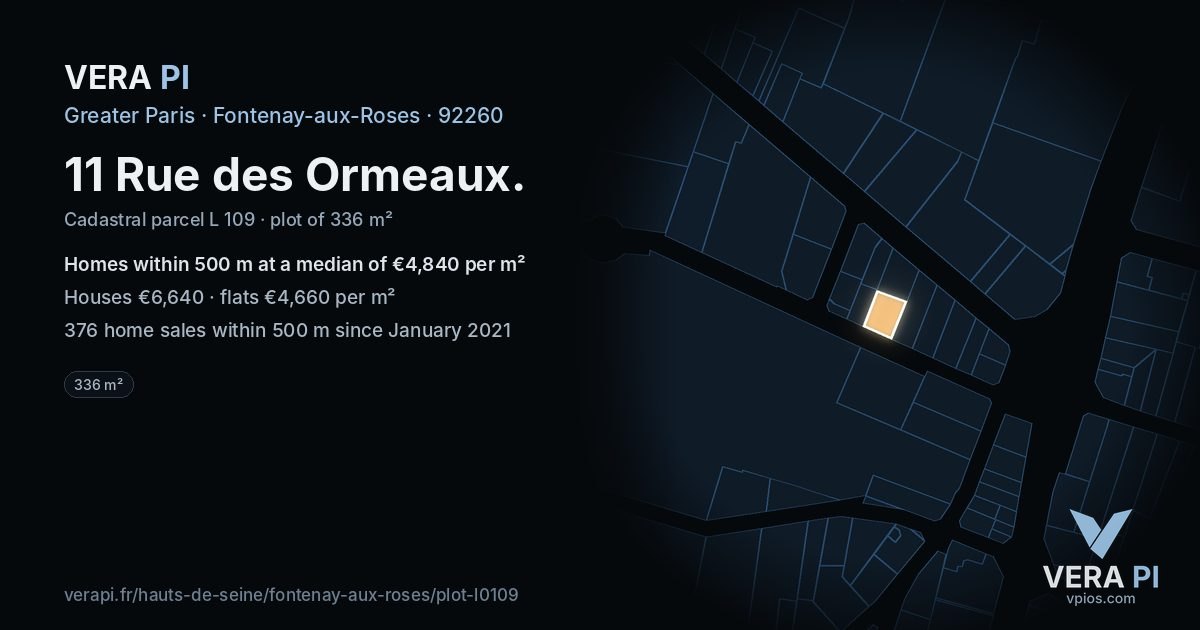 11 Rue des Ormeaux, Fontenay-aux-Roses at night – the plot lit, the parcels around coloured by the prices near them