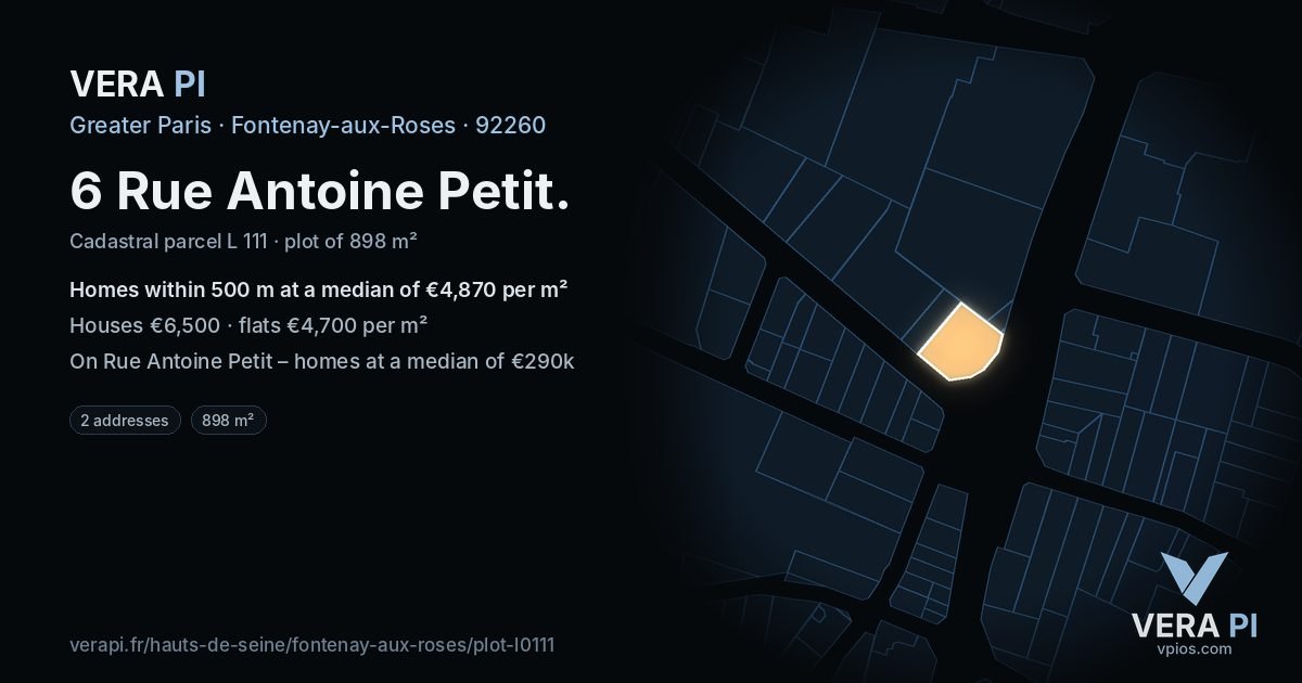6 Rue Antoine Petit, Fontenay-aux-Roses at night – the plot lit, the parcels around coloured by the prices near them