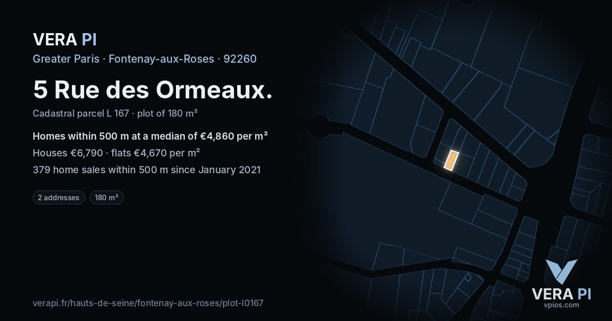 5 Rue des Ormeaux, Fontenay-aux-Roses at night – the plot lit, the parcels around coloured by the prices near them