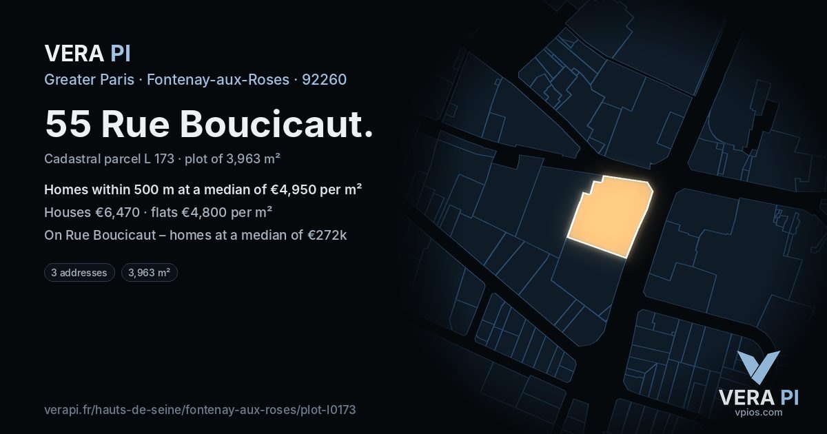 55 Rue Boucicaut, Fontenay-aux-Roses at night – the plot lit, the parcels around coloured by the prices near them