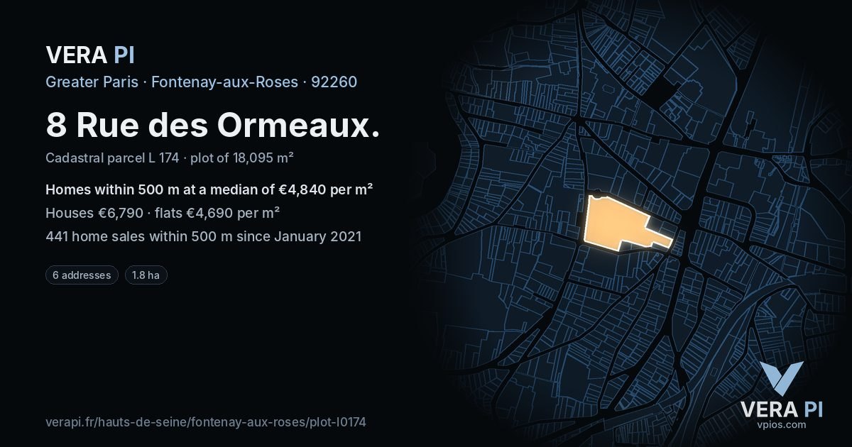 8 Rue des Ormeaux, Fontenay-aux-Roses at night – the plot lit, the parcels around coloured by the prices near them