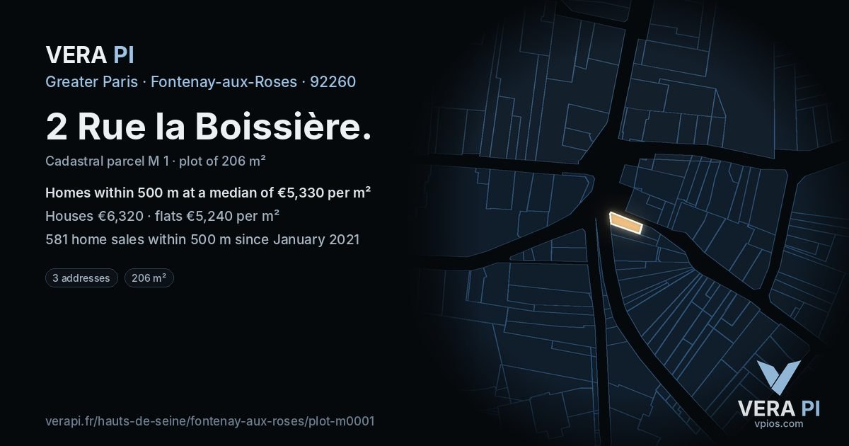 2 Rue la Boissière, Fontenay-aux-Roses at night – the plot lit, the parcels around coloured by the prices near them