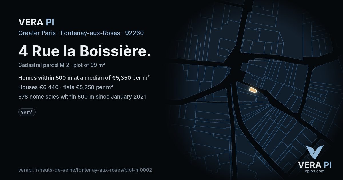 4 Rue la Boissière, Fontenay-aux-Roses at night – the plot lit, the parcels around coloured by the prices near them